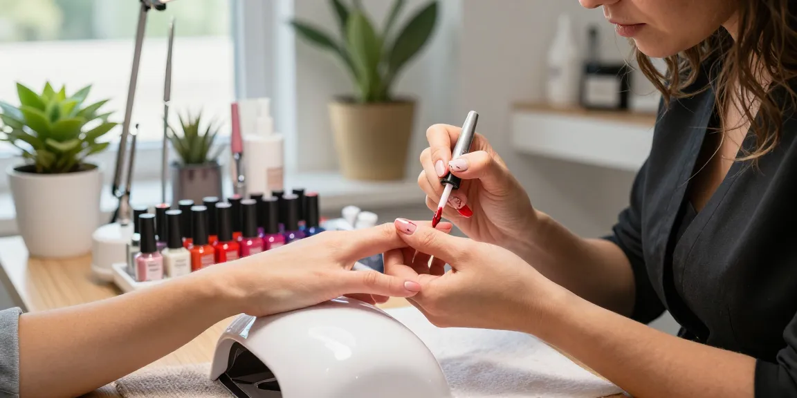 Clientă care primește aplicarea ojei semipermanente într-un salon de frumusețe modern, prezentând culori vibrante de lac de unghii și artă pe unghii.