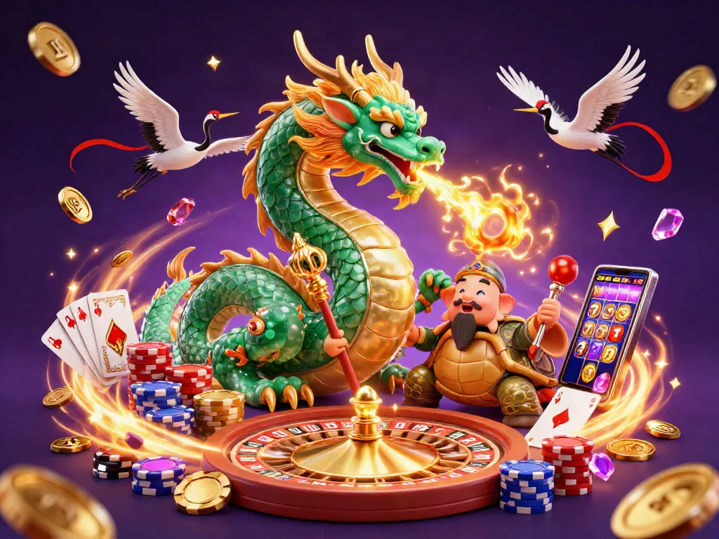 Experience thrilling gameplay with login thrku, illustrated by a jade dragon and lucky symbols.