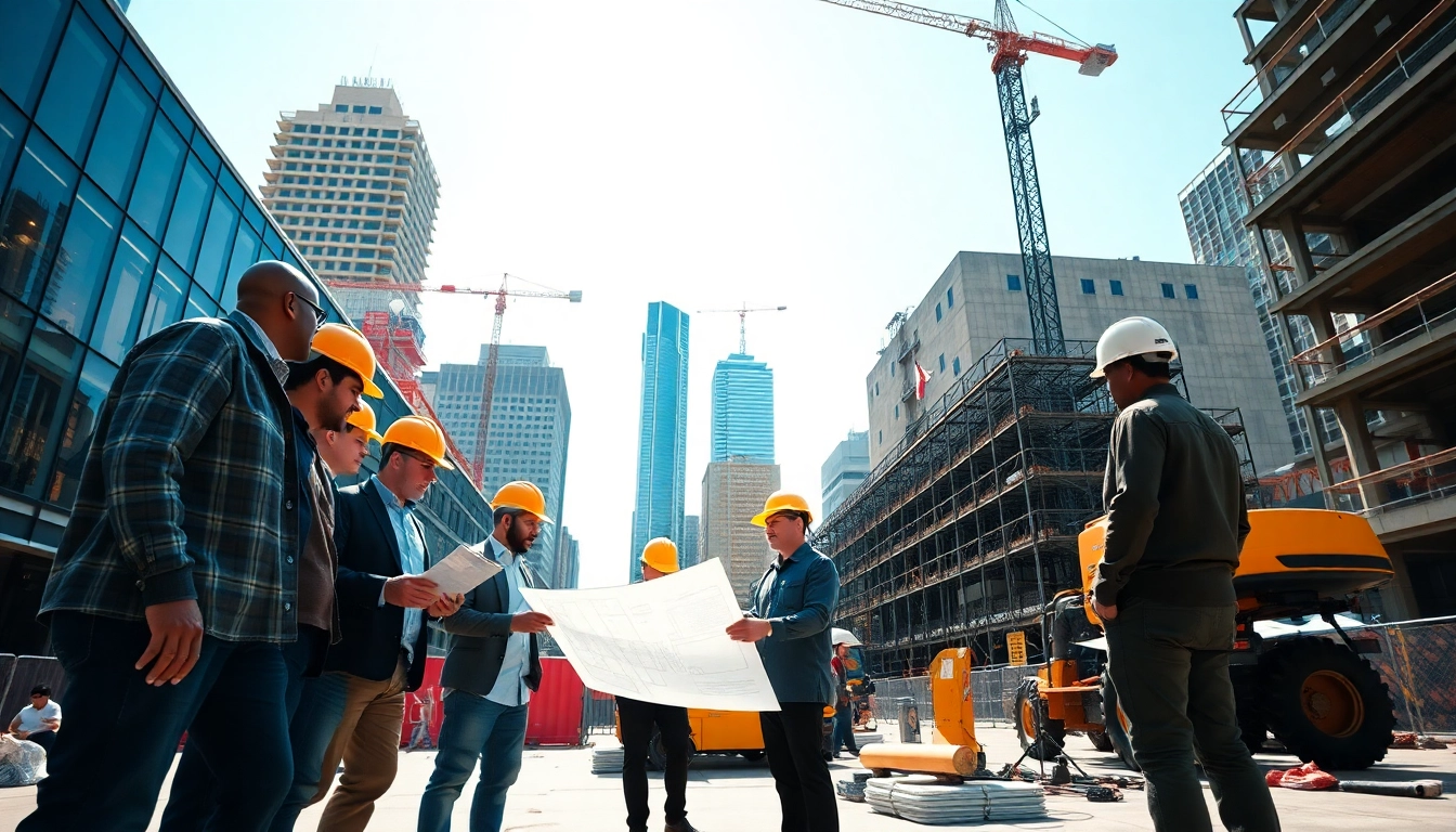 Team of New York City Commercial General Contractor professionals reviewing blueprints on-site.