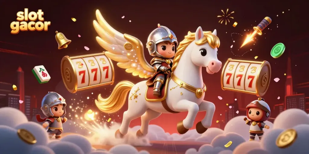 Engage with slot gacor action in a vibrant 3D illustration of a celestial horse and knight.