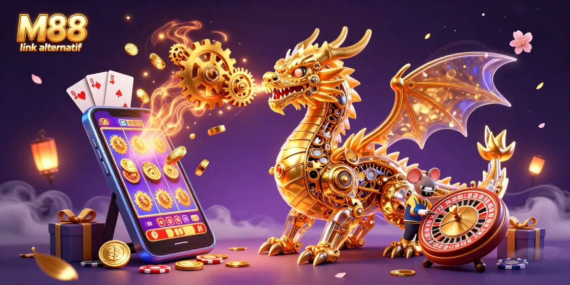 M88 link alternatif offers exciting casino experiences with a 3D animated dragon, spinning reels, and golden coins.