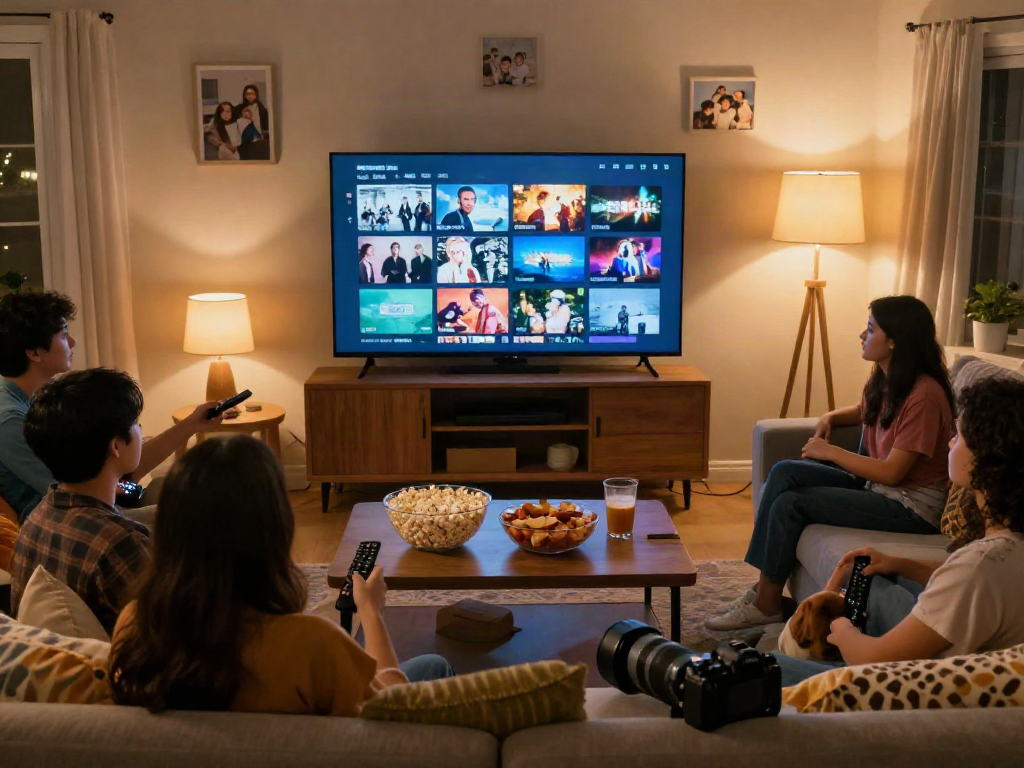 Enjoy movie night with Moviebox streaming on a cozy living room TV, complete with popcorn and friends.