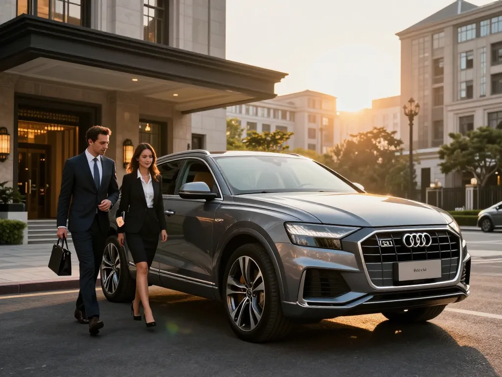 Cảnh cho thuê xe ô tô hạng sang với Audi Q8 trong một thành phố sôi động.