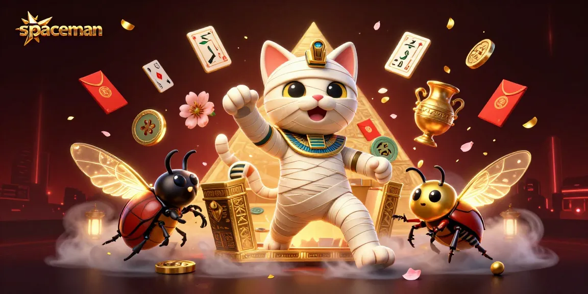 Engage with spaceman slots featuring an Egyptian mummy cat in a vibrant casino filled with joy and excitement.