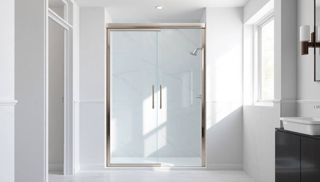 Stylish sliding shower doors in a modern bathroom setting with elegant design details.