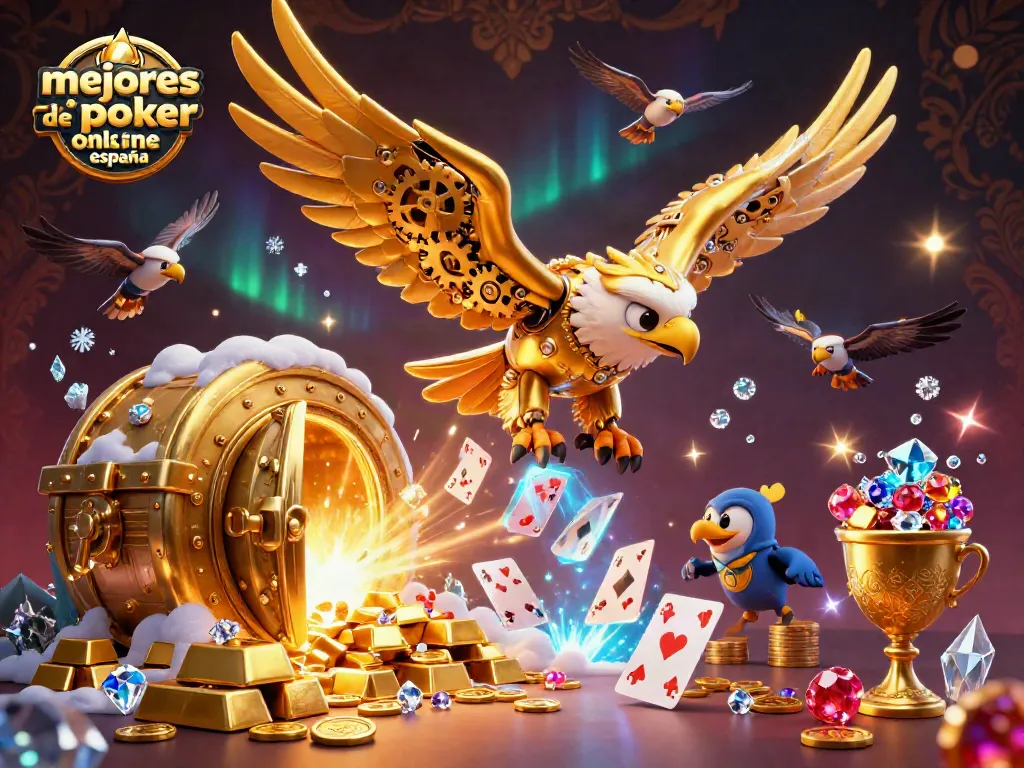 Ilustración 3D de las mejores salas de póker online España con águila dorada y cartas holográficas.