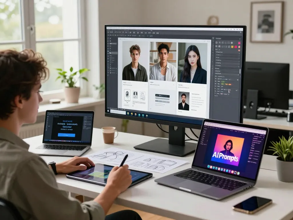 Designer using image to prompt ai tools in a vibrant digital workspace