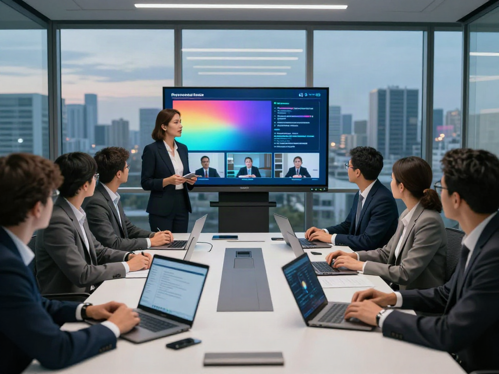 Deepfake protected meetings in a modern conference room with professionals collaborating on security measures.