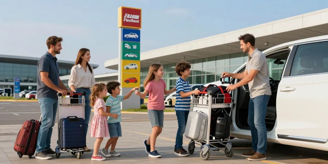 Family joyfully receiving their FlexRent car at Chișinău Airport, showcasing excellent service and vibrant atmosphere.
