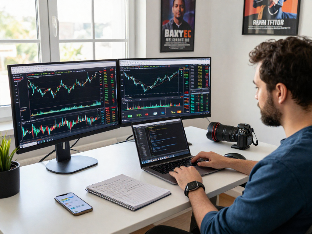在现代交易室中，交易者使用MetaTrader 5分析图表，展示动态金融决策场景。