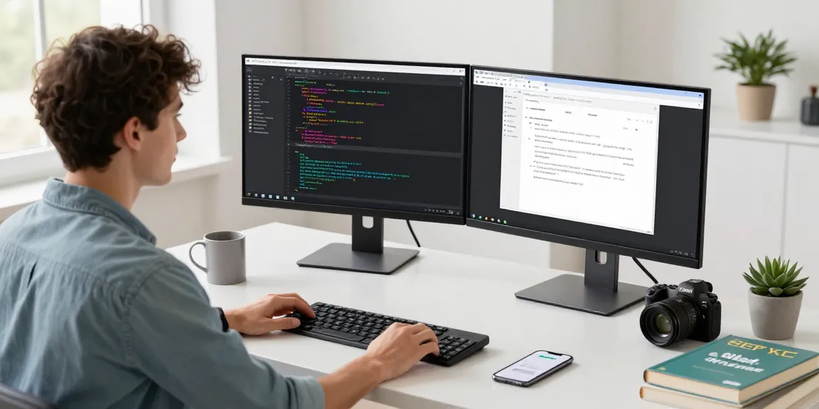 Download WPS Office on a dual-monitor setup in a modern tech workspace with coding applications, productivity elements, and natural lighting.