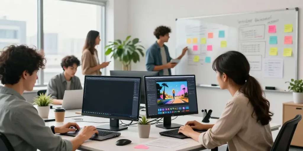 Team collaborating on an affordable AI animated video generator project in a modern workspace.