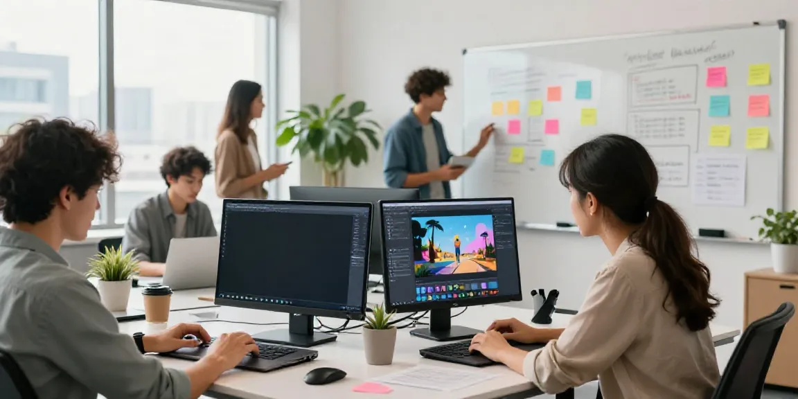 Team collaborating on an affordable AI animated video generator project in a modern workspace.
