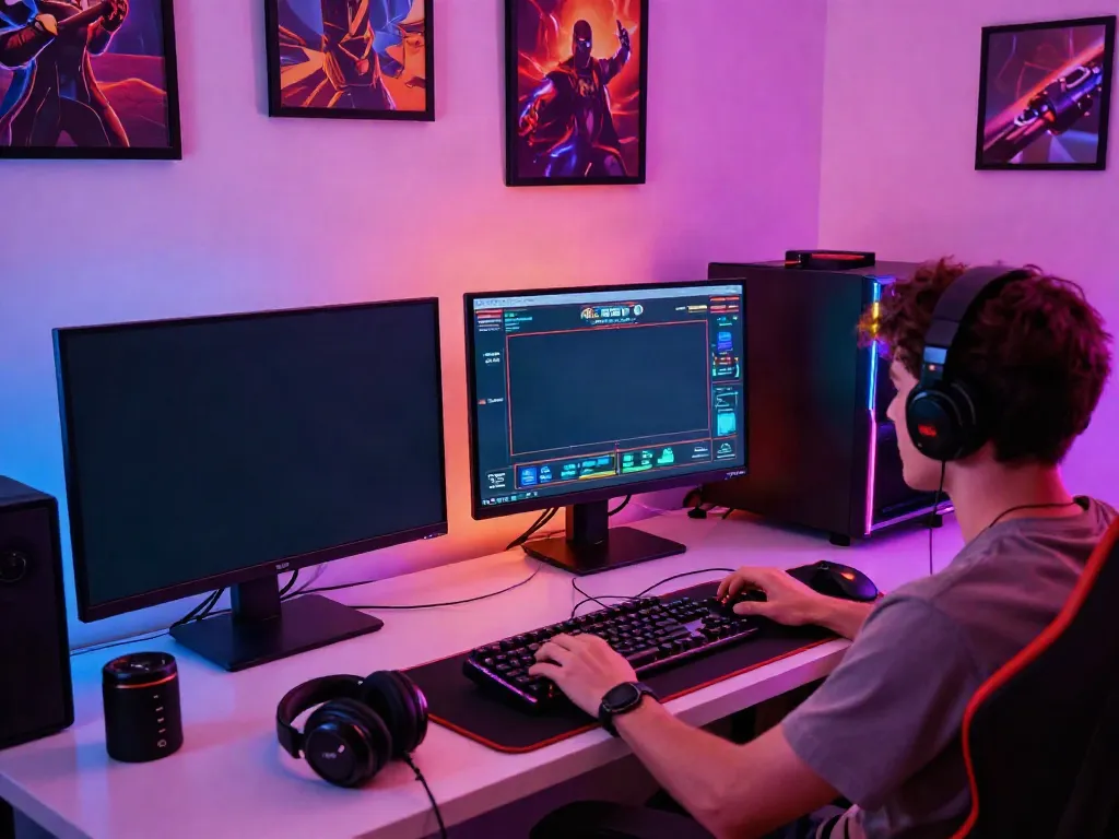 Exciting gaming scene with a player using a สล็อตเว็บตรง slot game on a high-resolution screen illuminated by colorful LED lights.