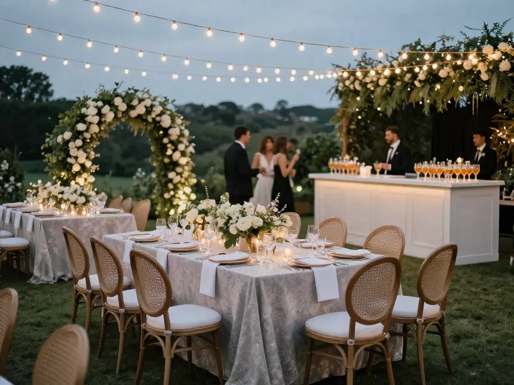 Event furniture rental showcasing elegant outdoor wedding setup with designer tables and chairs.