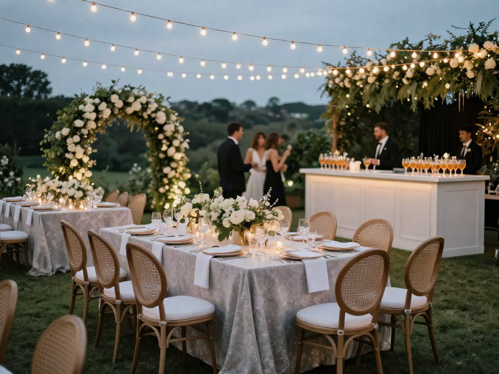 Event furniture rental showcasing elegant outdoor wedding setup with designer tables and chairs.