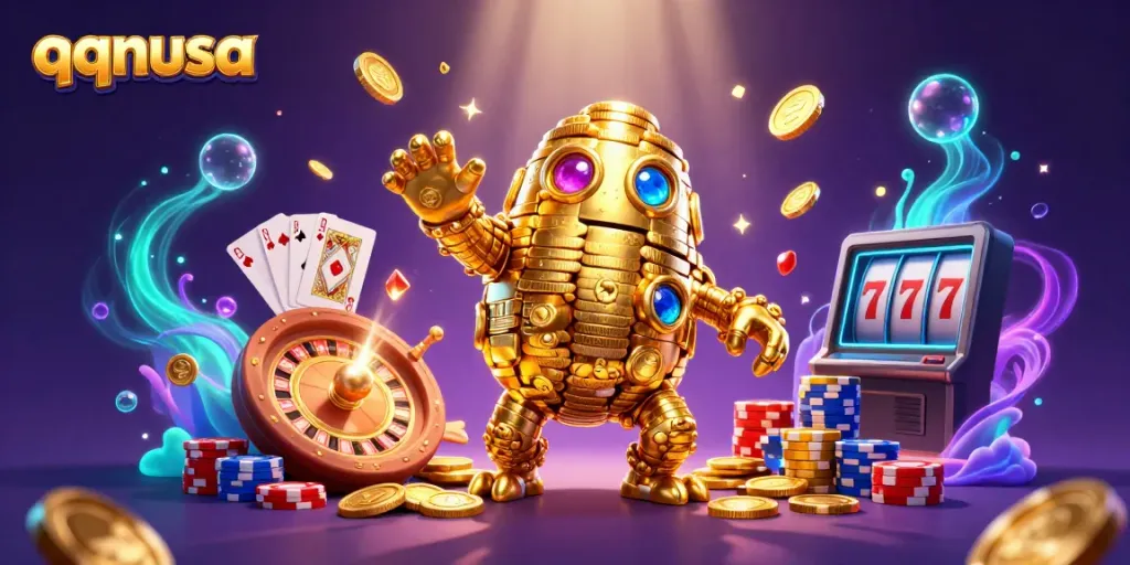 Engage in thrilling gameplay with qqnusa's vibrant casino illustration featuring dynamic game elements.