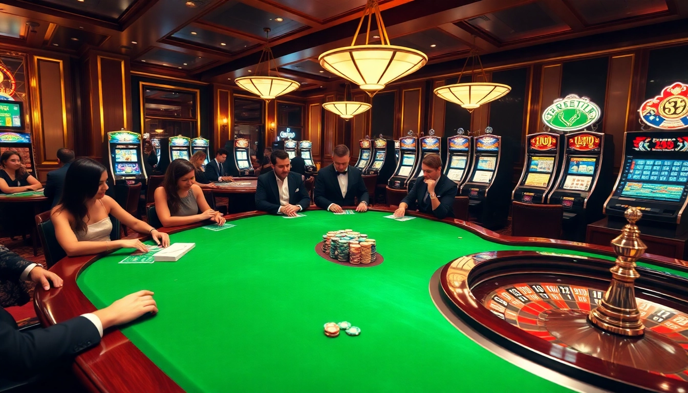 Vivez l'excitation des meilleurs casinos en ligne avec des joueurs autour de tables de cartes vibrantes sous des lumières dorées.
