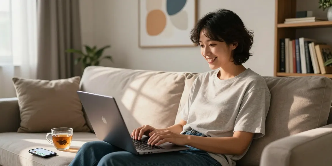 Enjoying a cozy moment engaging in a sex AI chat on a laptop with a warm drink.