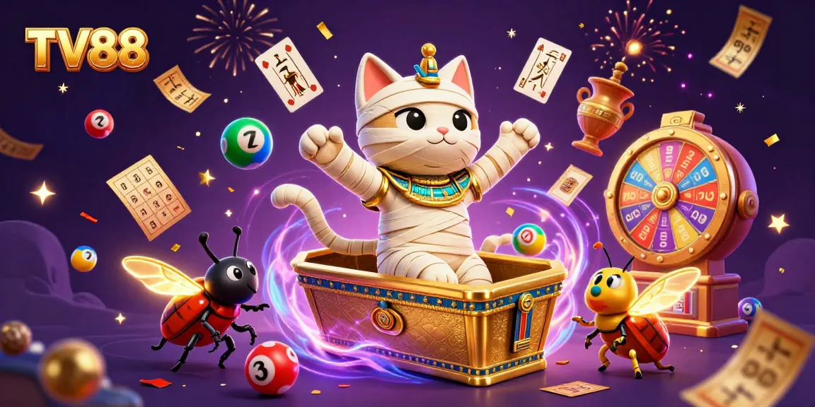 Experience excitement at TV88 with a lively casino scene featuring a mummy cat and golden games.