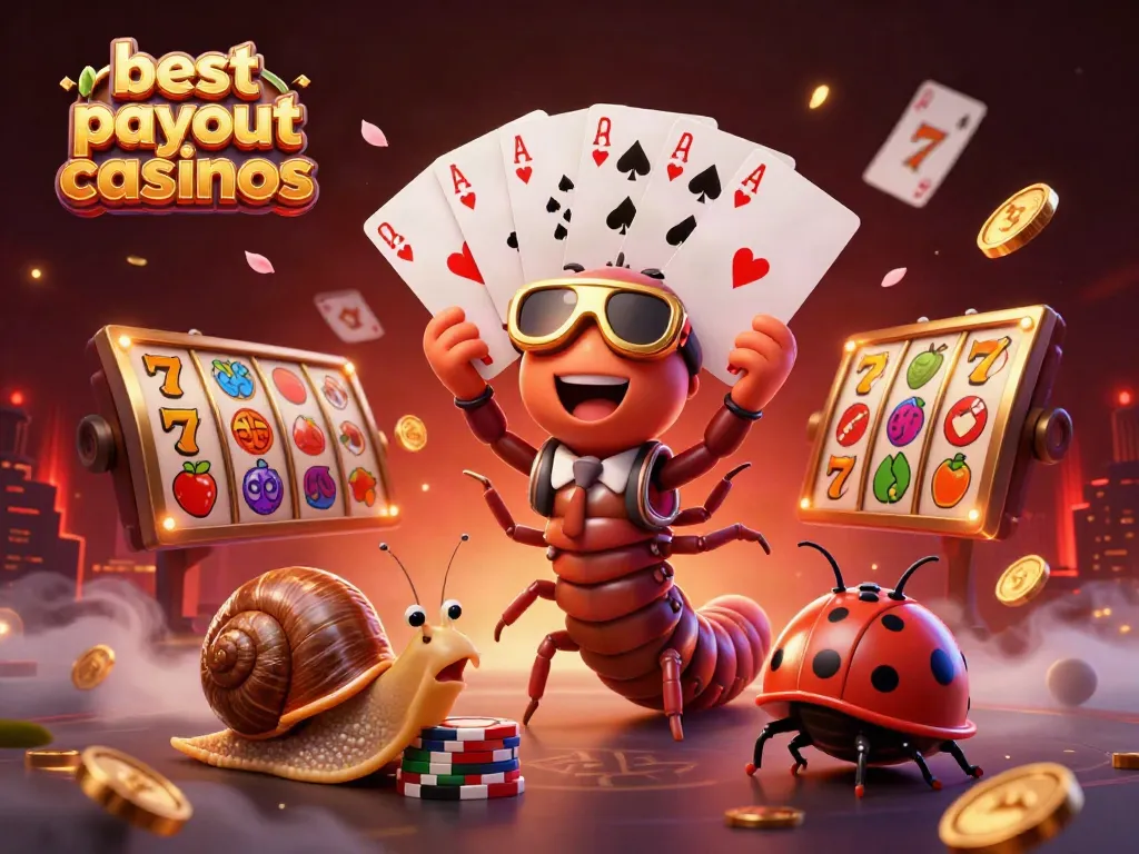 Animated scene showcasing the best payout casinos with a millipede dealer, high-roller snail, and prizes.