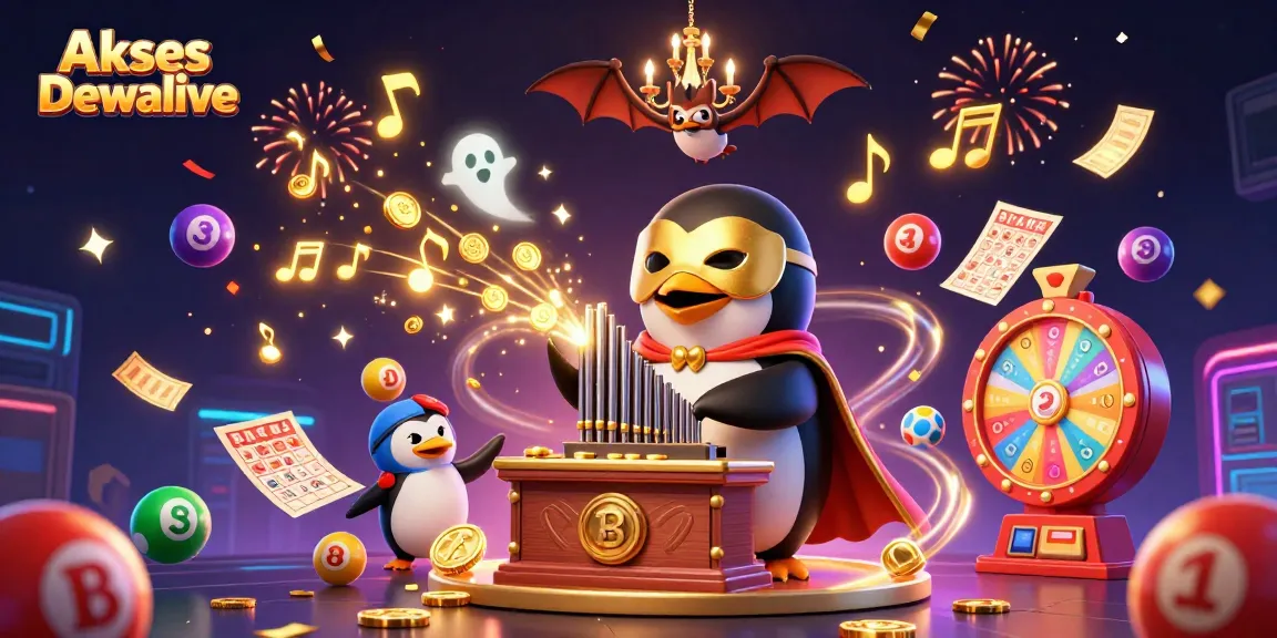 Akses Dewalive features a cartoon penguin at a pipe organ shooting gold coins, celebrating with rainbow lottery balls.