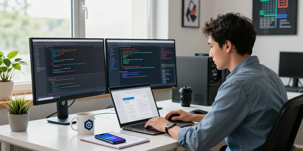Detrás de un profesional de web hosting en México, mostrando analíticas de tráfico en monitores y un panel de control en su laptop.