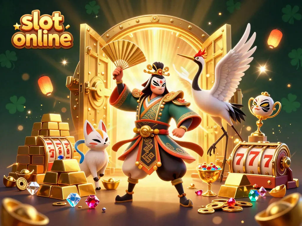 Experience excitement with slot online in an ultra-detailed 3D casino illustration featuring vibrant characters and dynamic elements.