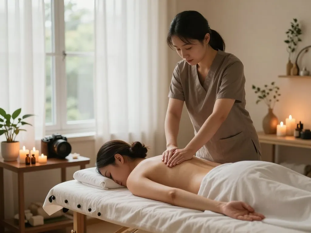 Relaxing Swedish massage session with soothing ambiance at a therapy studio.