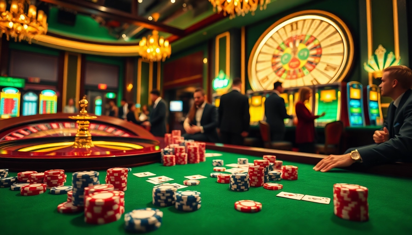Engage with ketquabongda in a vibrant casino scene featuring players at gambling tables and a roulette wheel.