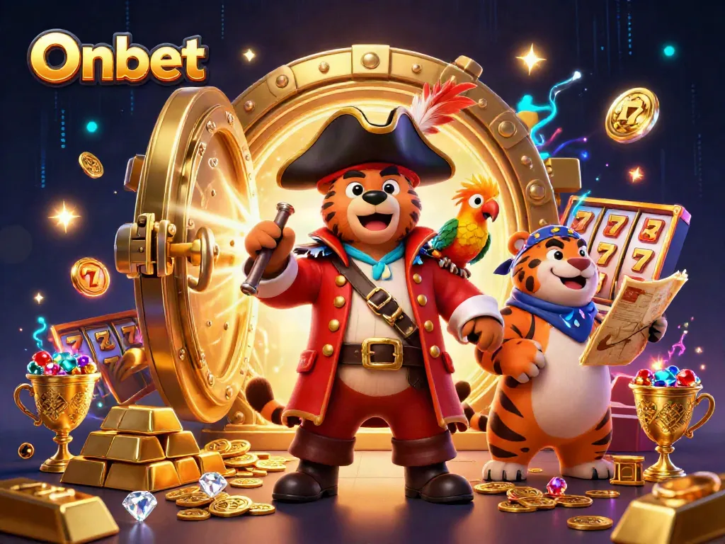 Engage with Onbet's thrilling casino experience alongside an adventurous pirate bear and tiger in a vibrant treasure scene.