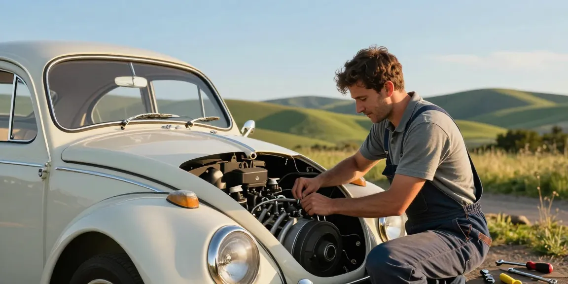 http://www.aircooledapps.com highlights vintage Volkswagen air-cooled car maintenance outdoors at sunset.