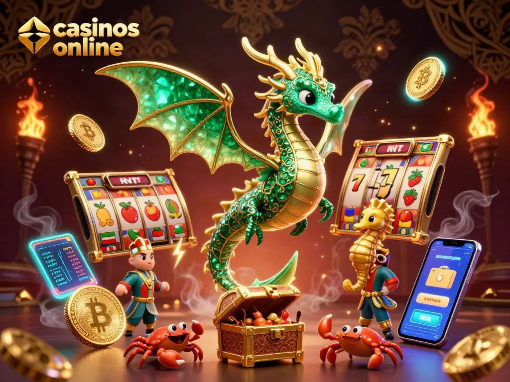 Disfruta los casinos online con un dragón de mar y elementos de juego en una ilustración dinámica.