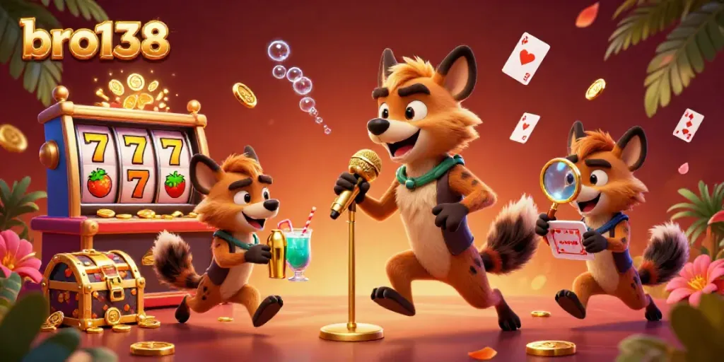 Engage in fun gaming thrills at bro138's casino club with cartoon hyenas amidst vibrant casino elements.
