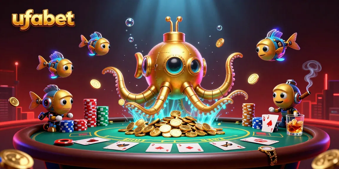 Bet on ufabet with a vibrant 3D scene featuring a golden kraken and dynamic poker elements.