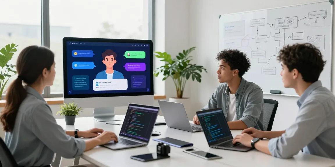 Collaborative workspace where professionals discuss uncensored AI chat technology with vibrant screens and natural light.