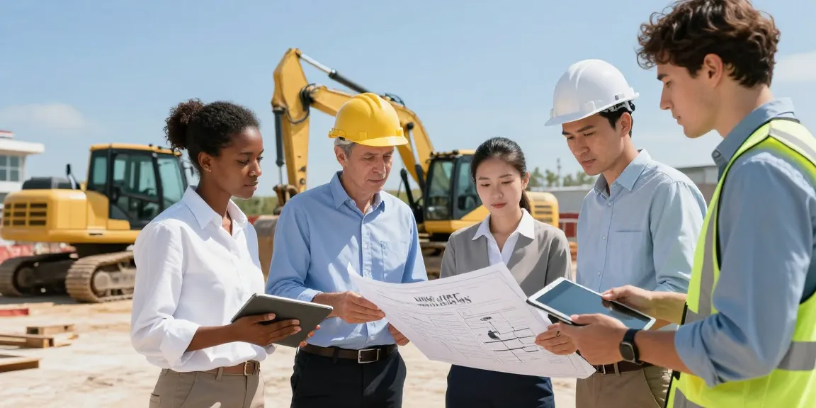 Finance team discussing Heavy Machinery Loans on a construction site with machinery in the background.