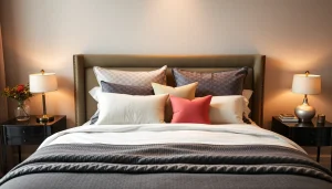 Cuscini letto decorativi disposti su un elegante letto, rappresentano comfort e stile.