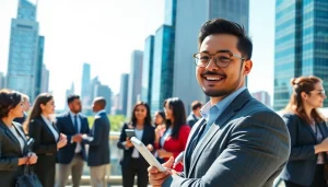 Find a job in Chicago with diverse professionals networking in a dynamic urban setting.