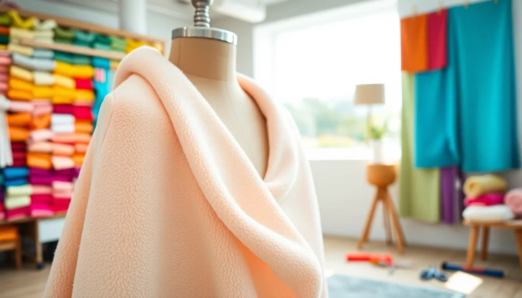 Fleece stof die elegant over een mannequin hangt met zachte textuur en kleurrijke achtergrond.