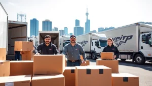 Showcase of the best Toronto Movers efficiently loading moving trucks in an urban setting.