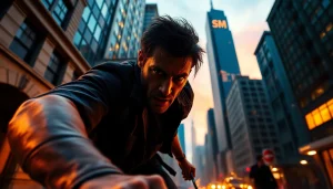 Protagonist in a thrilling urban scene evokes emotions better than Jack Reacher