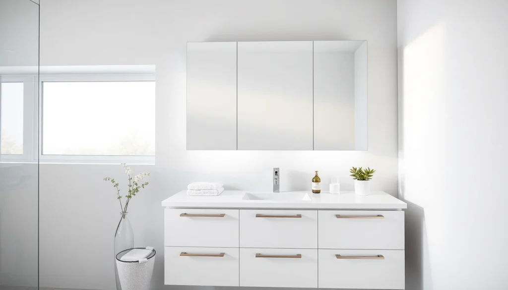 Eleganter spiegelschrank led mit integrierter Beleuchtung im modernen Badezimmer-Setup.