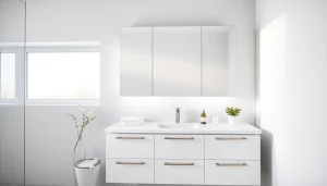 Eleganter spiegelschrank led mit integrierter Beleuchtung im modernen Badezimmer-Setup.