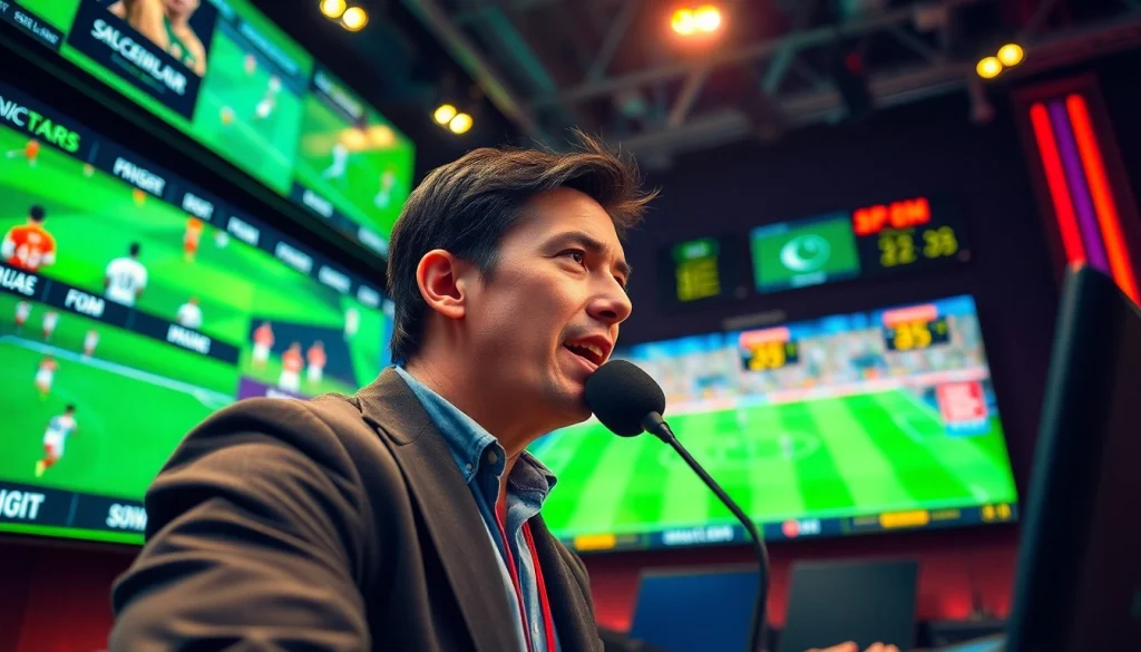 축구중계 실시간으로 제공하는 스포츠 중계 전문가가 스튜디오에서 중계하는 모습.