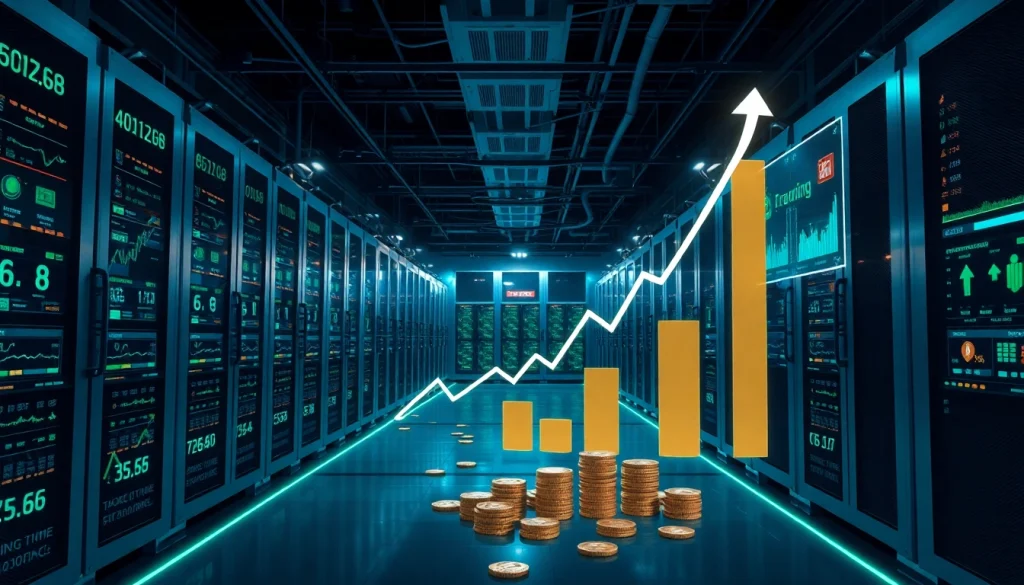 Top cloud mining operation showcasing advanced mining rigs and digital interfaces in a high-tech setting.