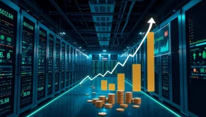 Top cloud mining operation showcasing advanced mining rigs and digital interfaces in a high-tech setting.