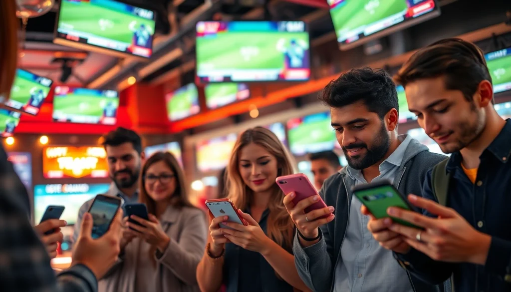 Engaged bettors exploring online sportsbooks India in a vibrant bar ambiance.