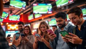 Engaged bettors exploring online sportsbooks India in a vibrant bar ambiance.