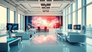 Technology workspace showcasing innovative devices and interactive screens designed for productivity.